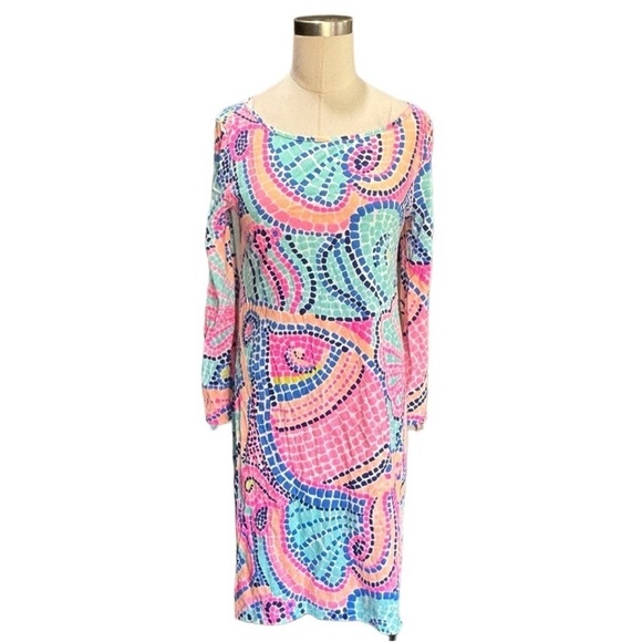 Lilly Pulitzer Edna Swing Dress pink blue Sea Tile wave Pima cotton Size XS - Picture 1 of 9
